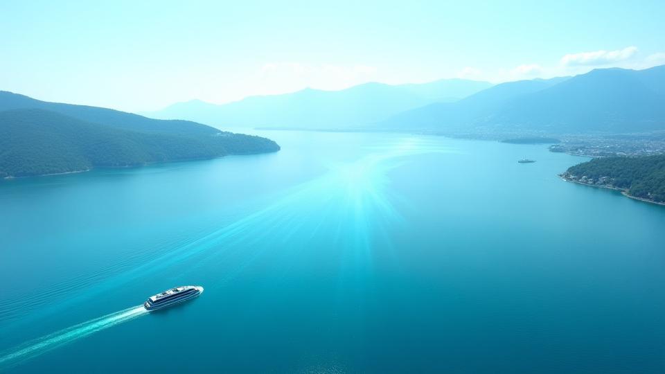 Blick auf den Bodensee bei Konstanz, ruhiges Wasser mit digitaler Overlay-Karte