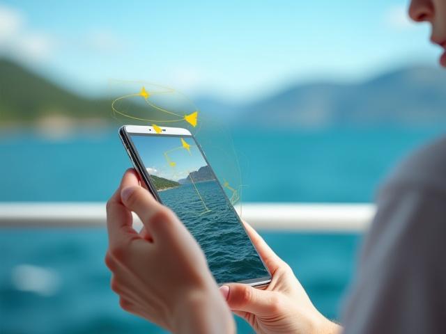 Person benutzt AR-Explorer App auf einem Smartphone, das Navigationsdaten über die reale Umgebung legt